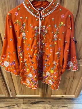 VINTAGE Chuchi Embroidered Orange Floral Kimono Jacket, EUC
